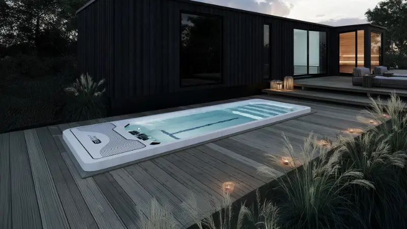 Chronos mini pool lit up at night